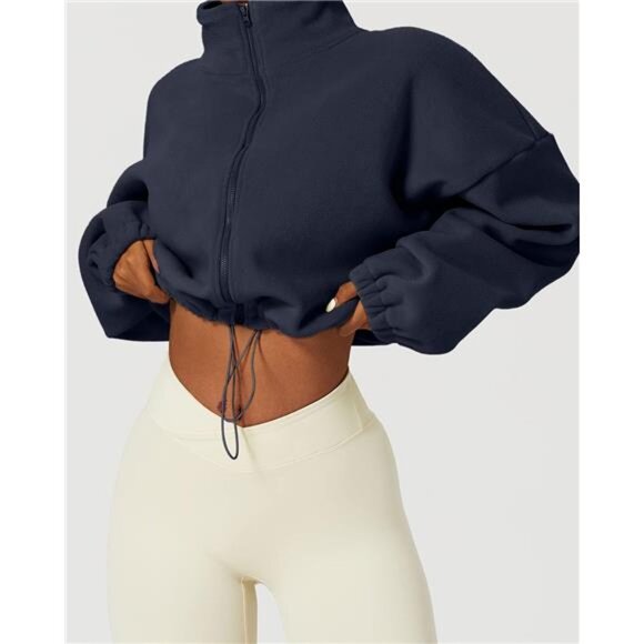 Women's Full Zip Fleece Short Jacket Warm Winter Long Sleeve Stand Collar - Picture 4 of 7